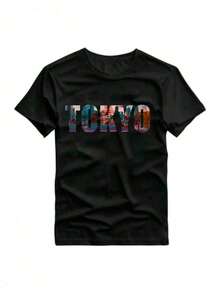 Men's T-Shirt With Japan Tokyo City Name Pattern Print, Front Shoulder Fit, Comfortable And Casual, Ideal For Daily Wear In Summer. - màu đen - Xem 1