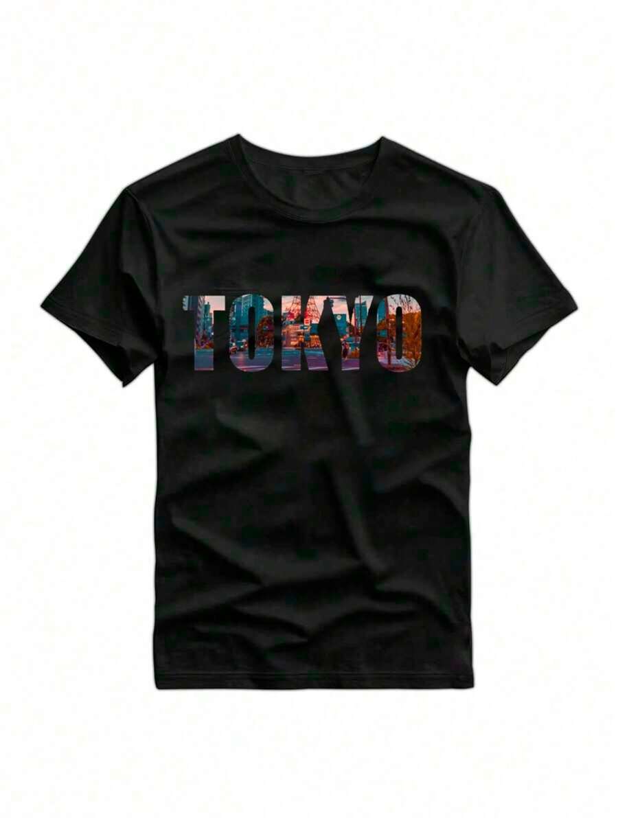 Men's T-Shirt With Japan Tokyo City Name Pattern Print, Front Shoulder Fit, Comfortable And Casual, Ideal For Daily Wear In Summer. - màu đen - Xem 1