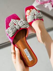 Women's Rhinestone Bow Slide Sandals - Square Toe Low Heel For Casual Stroll - Hồng - Xem 1