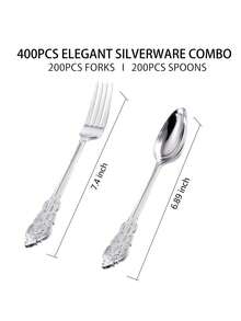 400 银色塑料餐具、银叉和勺子、一次性塑料餐具、银色塑料餐具、200 塑料叉子、200 塑料勺子非常适合派对、生日、婚礼、节日、派对、圣诞派对圣诞装饰圣诞装饰品圣诞礼物和万圣节派对万圣节装饰万圣节装饰品万圣节礼物 - 銀色 - 查看 2