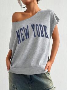 Casual Letter Print Solid Color Batwing Sleeve Sports Set, Summer