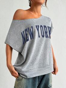 Casual Letter Print Solid Color Batwing Sleeve Sports Set, Summer