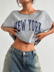 Casual Letter Print Solid Color Batwing Sleeve Sports Set, Summer