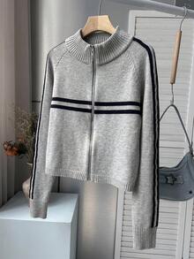 Women's Retro Zipper Short Slim Jacket Striped Knit Cardigan - Grey - View 6