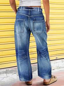 Wide Leg Mid Waist Causal Baggy Barrel Jeans For Women Drawstring Eyelet Waist Denim Pants(The Size Is Slightly Small; It Is Recommended To Order One Size Up.) - Medium Wash - View 2