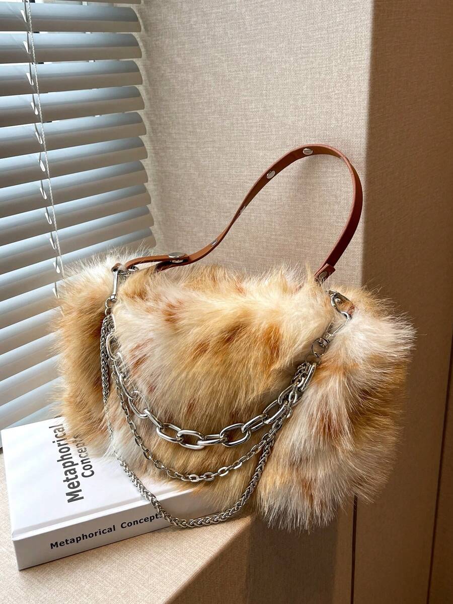 Ombre Plush Chain Underarm Bag, Suitable For Autumn And Winter Outdoor Use - Brown - View 1