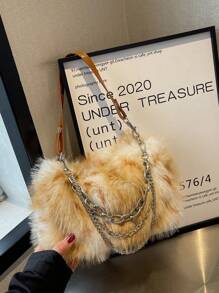 Ombre Plush Chain Underarm Bag, Suitable For Autumn And Winter Outdoor Use - Brown - View 2