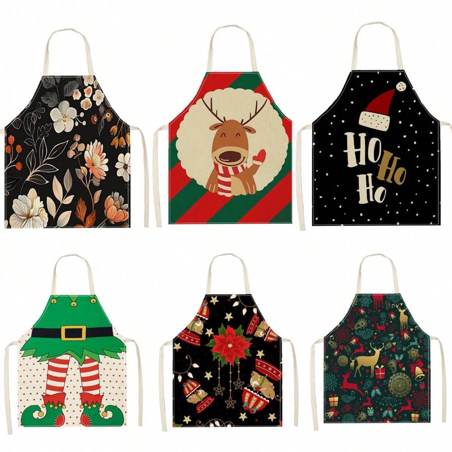 1 件圣诞驯鹿、“HoHoHo”和圣诞老人 3D 图案亚麻围裙，适合家庭烹饪、厨房和烹饪爱好者 - 彩色 - 查看 1