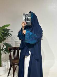 2pcs Women's Elegant Cardigan & Casual Long Dress With Contrast Color Cuffs And Matching Headscarf - Blue - View 10