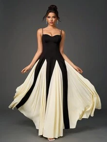 露背褶饰撞色下摆紧身吊带长裙、鸡尾酒会半正式礼服、生日、婚礼宾客、毕业典礼、晚宴、返校节派对礼服