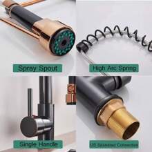 High Pressure Spring Kitchen Faucet, Two Spouts, Pull-Out Kitchen Faucet, 360 Degree Swivel (Black With Rose Gold) - Black with Rose Gold - View 5