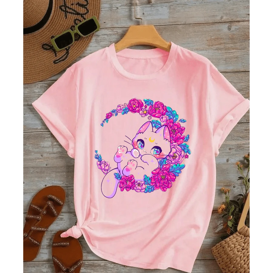 Women's T-Shirt And Baby Look With Cat Print, - From P To G2 - Vẻ ngoài màu hồng của em bé - Xem 1