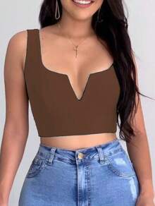 CROPPED TOP WITH STRAP, V-NECK, SEXY, SIMPLE, CASUAL - Coffee Brown - View 2