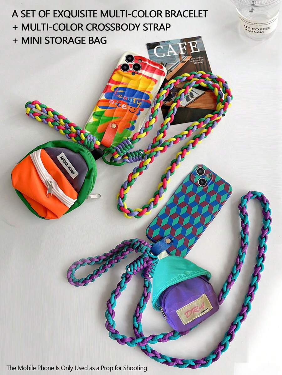 1 套精致多色编织手链 + 斜挎带 + 带连接器的迷你包 - 彩色 - 查看 1