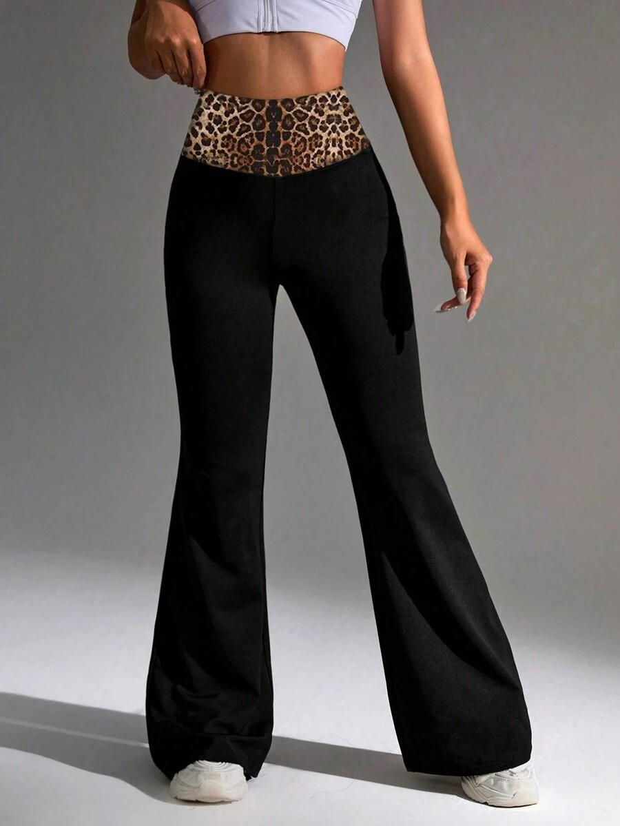 Women Leopard Print Patchwork Skinny Pants - Black - View 1