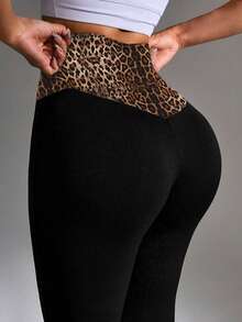 Women Leopard Print Patchwork Skinny Pants - Black - View 5