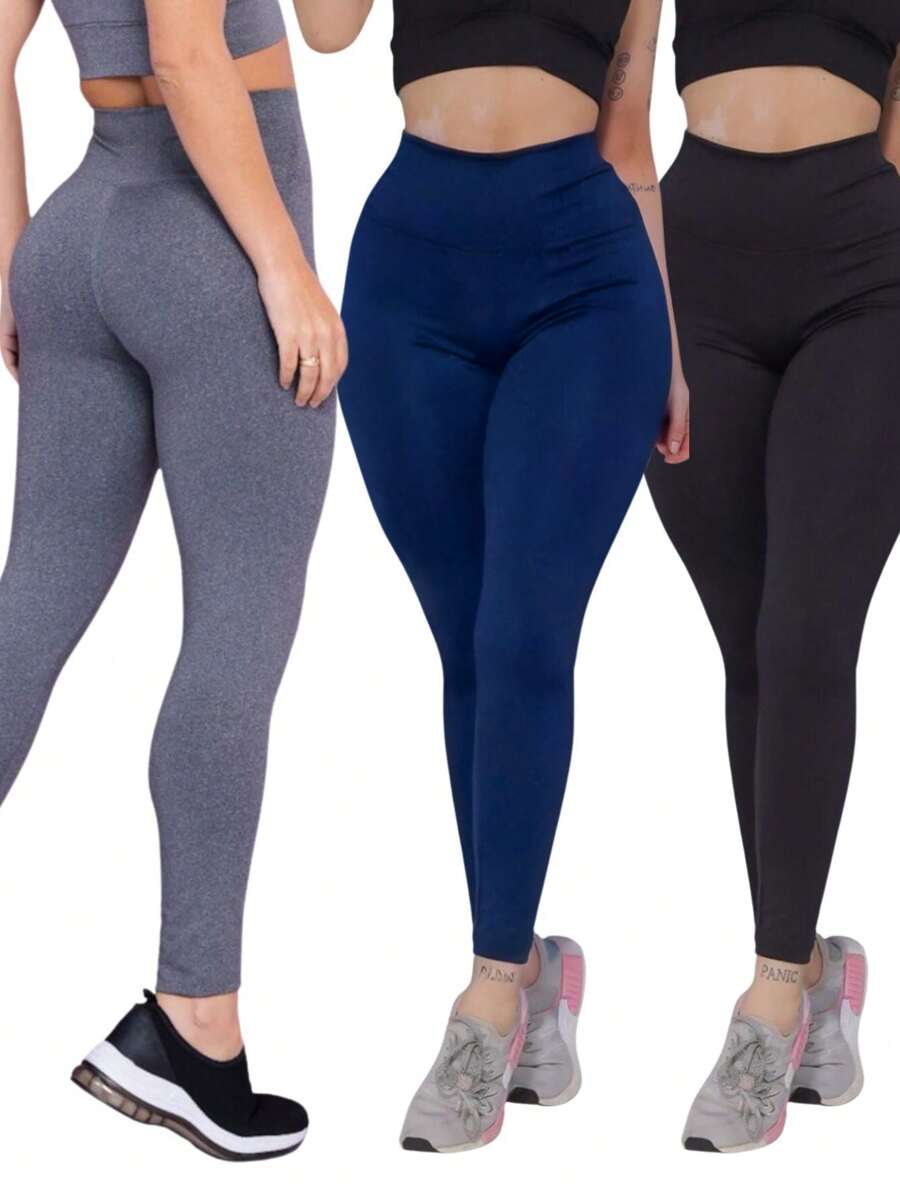 Kit 3 Women's Leggings Black Gray And Blue Suplex Gym - 彩色 - 查看 1