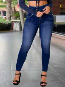 High Waist Women's Denim Jeans With Wash Effect Stretchy Skinny Fit Button And Zipper Closure Comfortable Stylish Women's Denim Pants For Everyday Wear Perfect For Casual Outfits Fashionable Women's Jeans - Rửa trung bình - Xem 4
