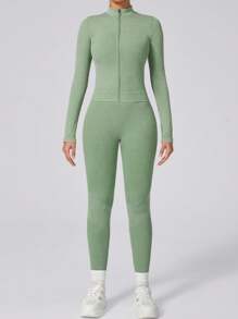 1 Set Women's Fashion Matte Long Sleeve Long Pants Workout Set, Ribbed Zip Sports Suit For Outdoor Shapewear - Army Green - View 8