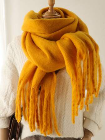 1 Pc Women Winter Scarf Horsehair Black Cashmere Feel Shawls And Wraps Thick Warm Lady's Fashion Solid Colors Tassel Pull Plush Scarves Outdoor Women Shawl