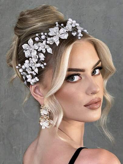 1 pieza Diadema nupcial elegante, accesorio para el cabello hecho a mano con flor de aleación y decoración de perlas falsas, adecuado para boda, baile, fiesta, regalo de vacaciones