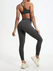 1件装高腰提臀瑜伽裤，透气裸色户外长裤，健身跑步训练紧身裤 - 灰色 - 查看 8