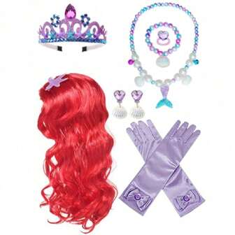 9 件装公主红色长卷发假发，配美人鱼主题珠宝配饰，非常适合生日派对、表演公主服装配饰，是女孩礼物的理想选择
