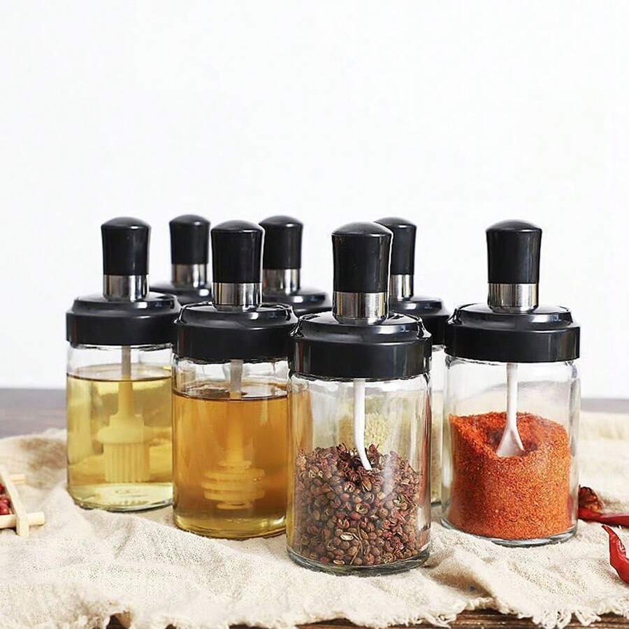 1 buc. Rechizite de bucătărie, sticlă de condimente, borcan de condimente, oală de ulei, lingură și capac, set de cutii de condimente all-in-one, borcan de condimente, solniță - transparent - Vizualizare 1