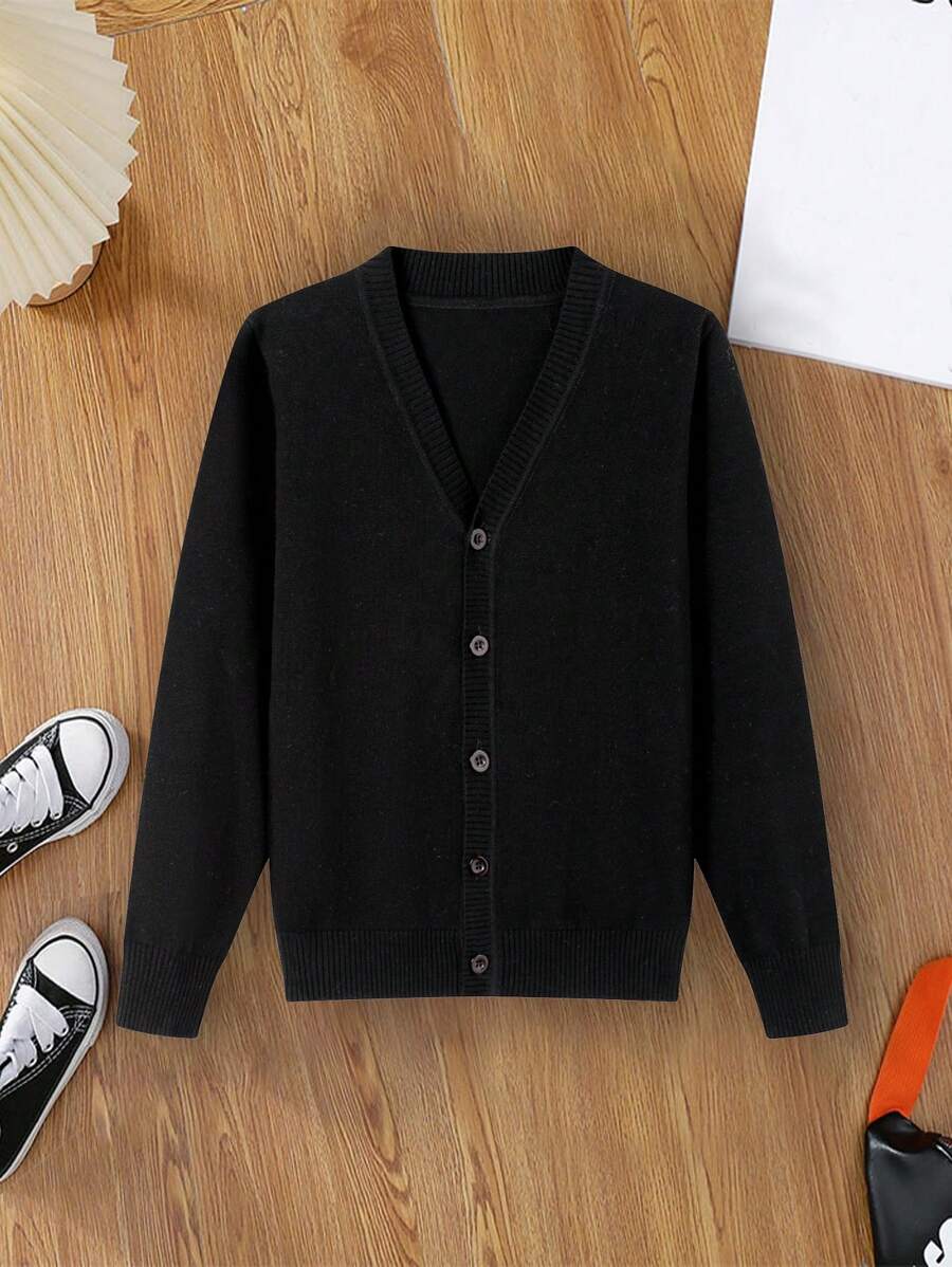 Young Boy Solid Color Cardigan Button-Up Sweater Casual Warm Knit Jacket - Black - View 1