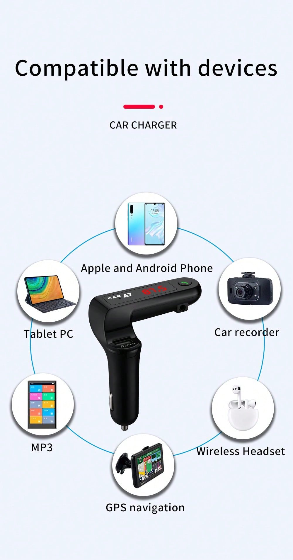 Car Charger With Bluetooth Hands-Free Calling & FM Transmitter Function_voghion.com