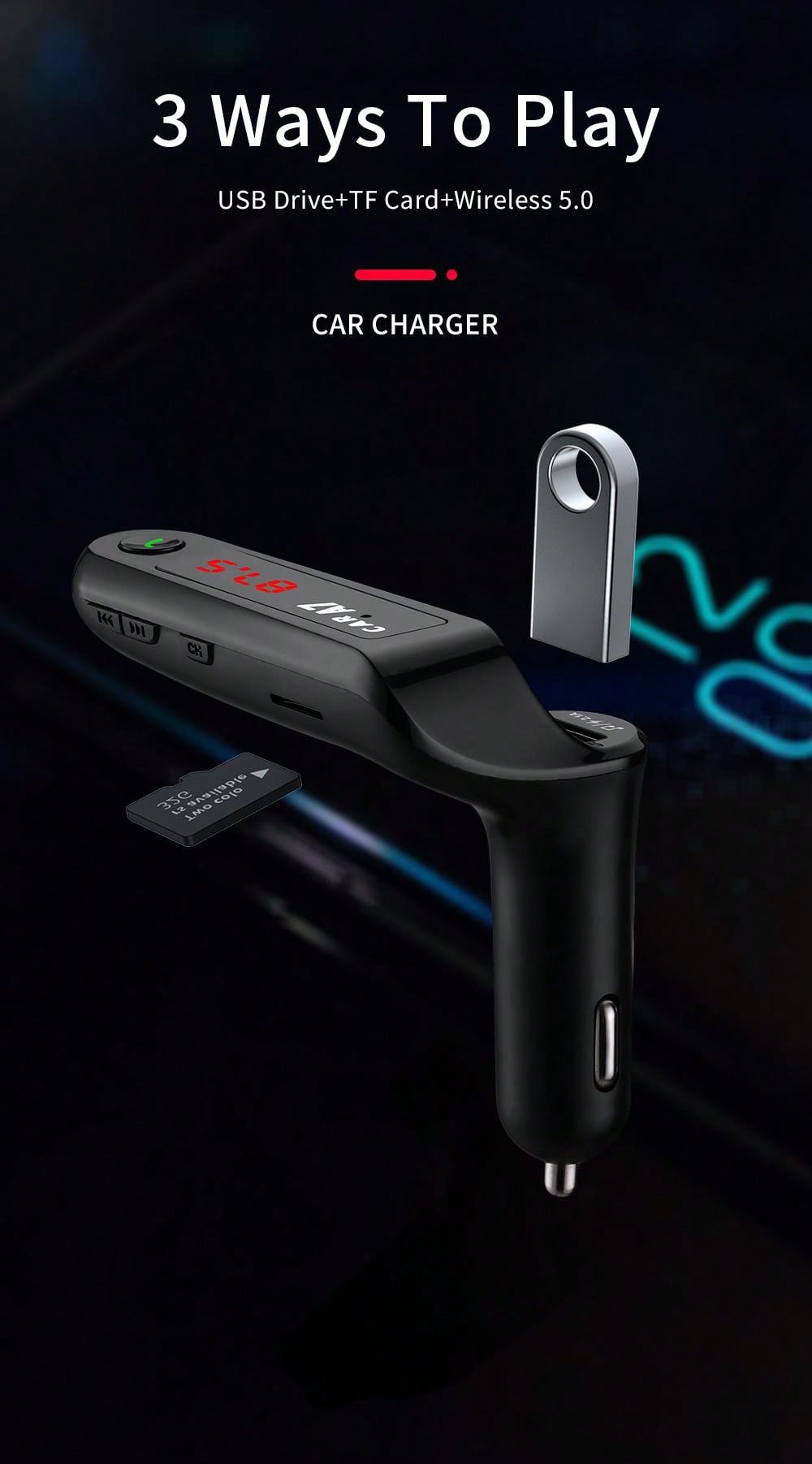 Car Charger With Bluetooth Hands-Free Calling & FM Transmitter Function_voghion.com