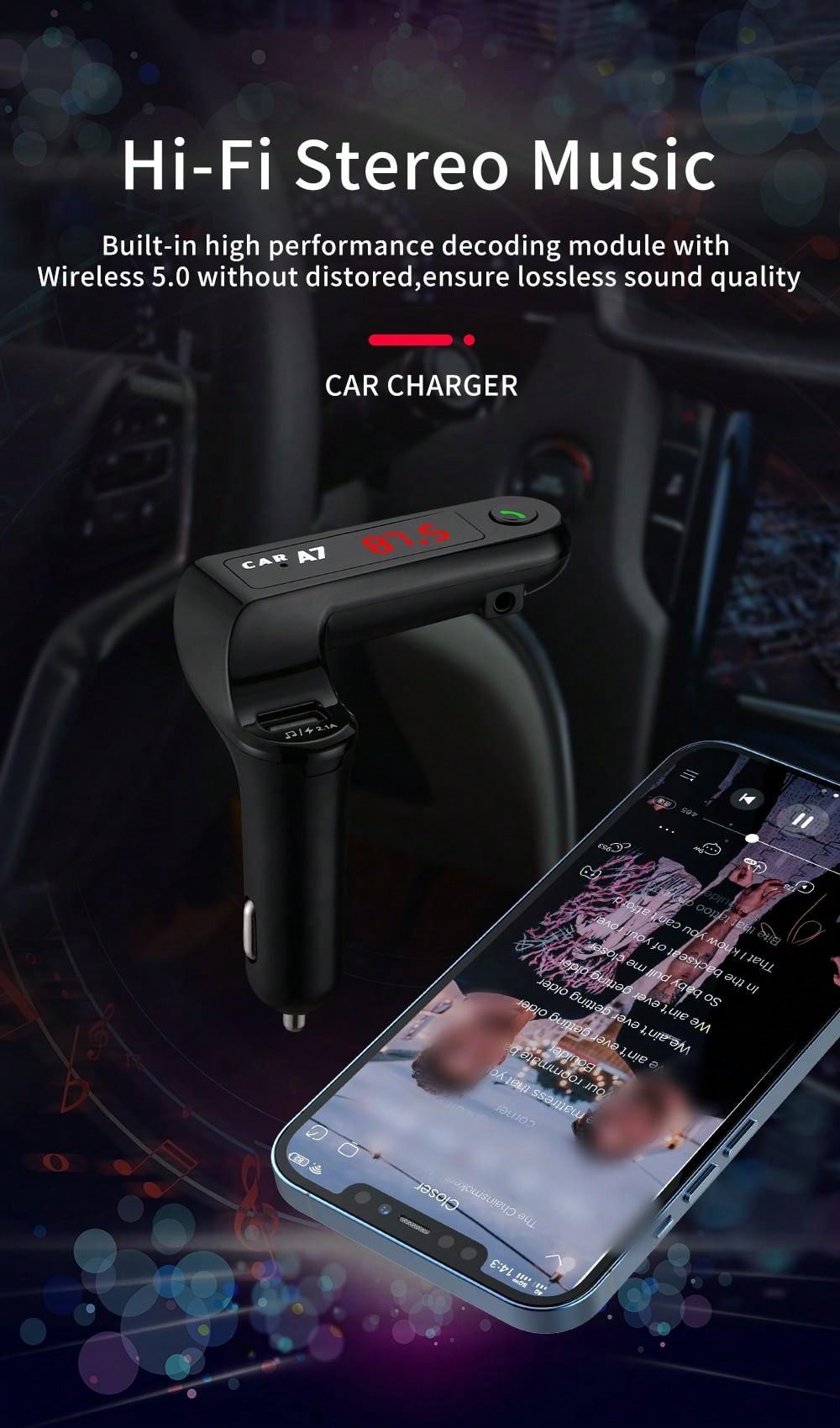 Car Charger With Bluetooth Hands-Free Calling & FM Transmitter Function_voghion.com