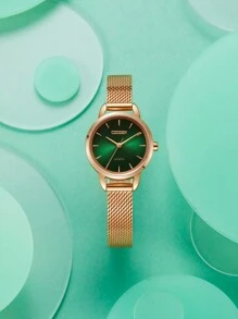 CITIZEN Montre à quartz pour femmes, montre analogique avec bracelet en acier inoxydable doré rose, montre habillée décontractée pour femmes, boîtier de 26 mm avec cadran vert EQ3003-50W