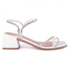 Women's Sandal 5cm Square Block Heel Medium Straps Colorful Rhinestones Soft Adjustment Comfort - trắng - Xem 3