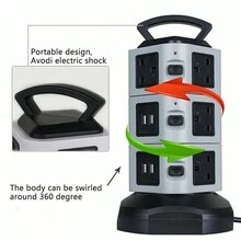 EXTENTION LEAD VERTICAL POWER STRIP TOWER MULTI PLUG USB UK SOCKET 2M CABLE - Black and White - View 6