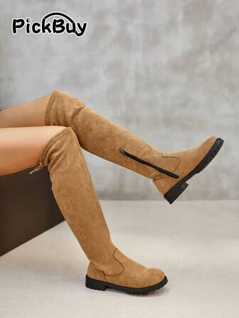 PickBuy Women's Brown Faux Suede Above-Knee Boots With Side Zipper, Round Toe, Shaft Height 47cm, Wedge Heel 3cm, Suitable For Casual, Daily, Work
