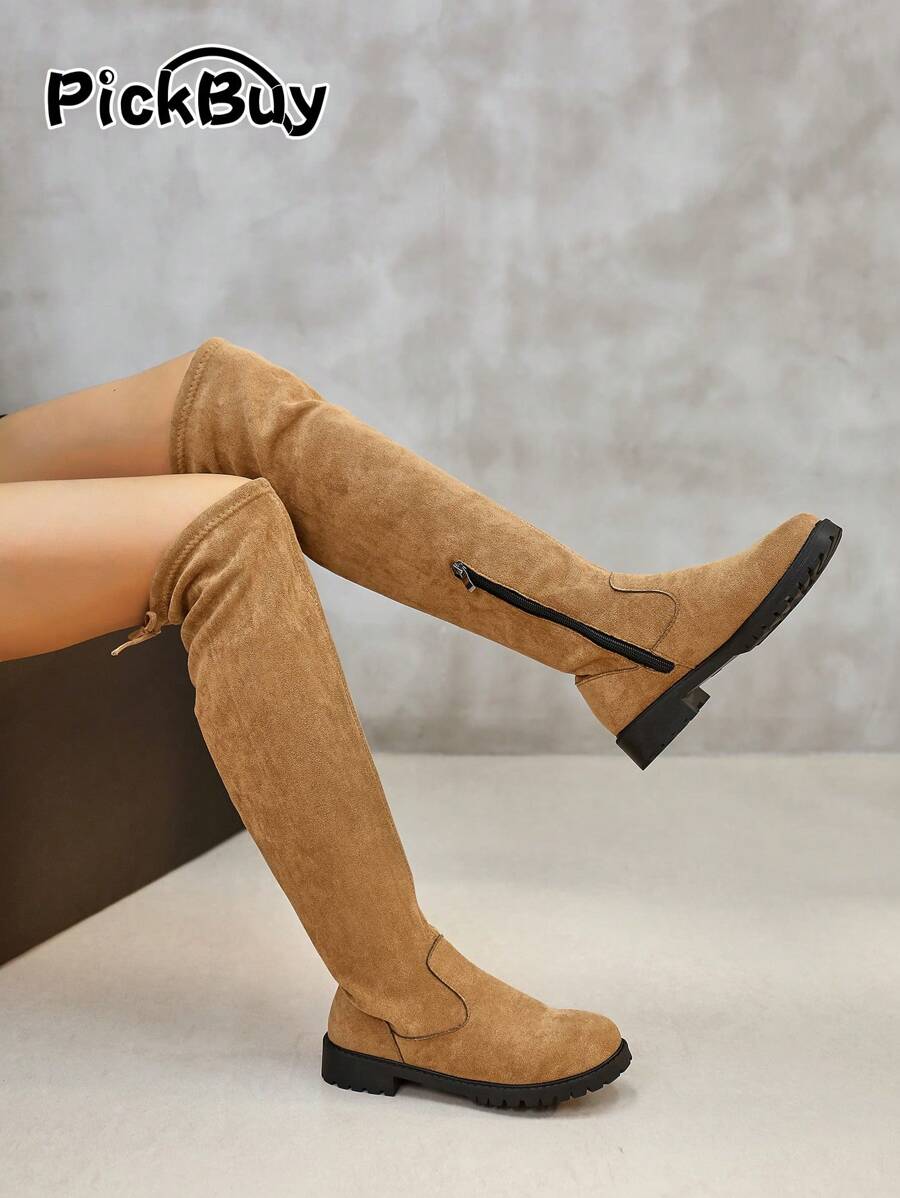 PickBuy Botas femininas acima do joelho marrom com zíper lateral, bico redondo, altura do cano 47 cm, salto plataforma 3 cm, adequadas para uso casual, diário, trabalho - Castanho - Ver 1