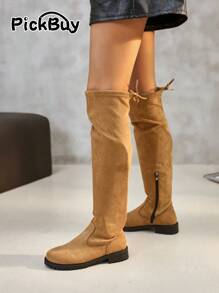 PickBuy Botas femininas acima do joelho marrom com zíper lateral, bico redondo, altura do cano 47 cm, salto plataforma 3 cm, adequadas para uso casual, diário, trabalho - Castanho - Ver 4