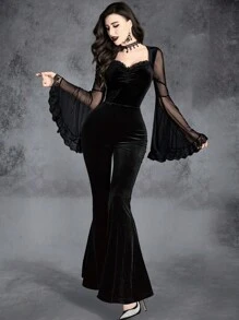 Women's Gothic Sexy Romantic Elegant Retro V-Neck Halloween Party Witch Sleeve Mesh Lace Velvet High Waisted Jumpsuit - Black - View 1