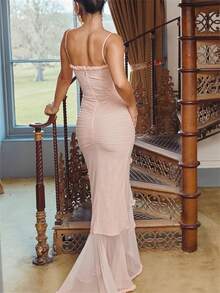 Women's Elegant Hollow-Out Long Dress - V-Neck Sleeveless Wedding Guest Gown With Pleated Details And High Slit, Suitable For Cocktail Party, Birthday Party, Semi-Formal Occasions - Pink - View 2