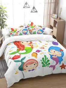 1set Mermaid Sister Pattern Bedding Set, Synthetic Fiber Duvet Cover - Multicolor - View 1