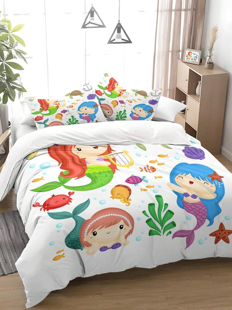 1set Mermaid Sister Pattern Bedding Set, Synthetic Fiber Duvet Cover - Multicolor - View 1