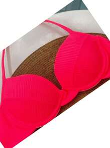 Retro Half Cup Bikini Underwire Double Thong Panty Semi-Thread Ana Ruga With Padded Beachwear Set Summer - 玫紅色 - 查看 3