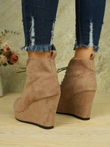 Bottines pour femmes, chaussures compensées synthétique de couleur unie, bottes à plateforme imperméable à lacets avec semelle épaisse, chaussures rehaussantes
