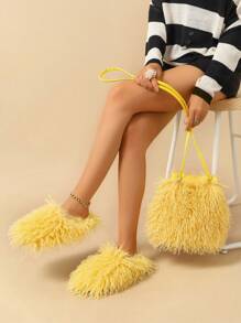 New Faux Wool Women's Warm Snow Boots Paired With Matching Plush Drawstring Bucket Bag,Fluffy Slippers - Yellow - View 5