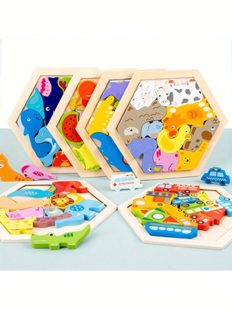 1 pieza Rompecabezas 3D de madera creativo con bloques de construcción para conocer el tráfico, animales y frutas, juguetes de apilado de temas de caricaturas creativas