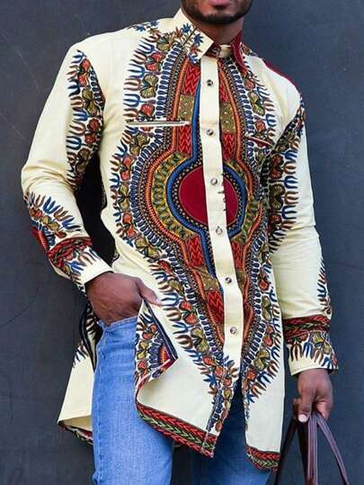 Camisa casual minimalista con estampado floral para hombres Disqoir, estilo bohemio, cuello vuelto, bajo con abertura lateral, adecuada para viajes, uso diario y citas