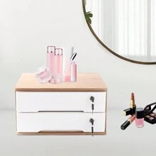 Desktop Storage Box With Lockable Drawers,Wooden Desktop Storage Box,Toiletries Supplies Vanity,Desk Organizer,Top Tray Shelf,Mini Tabletop Storage Container With Drawers For Home Office Bedroom - White - View 1