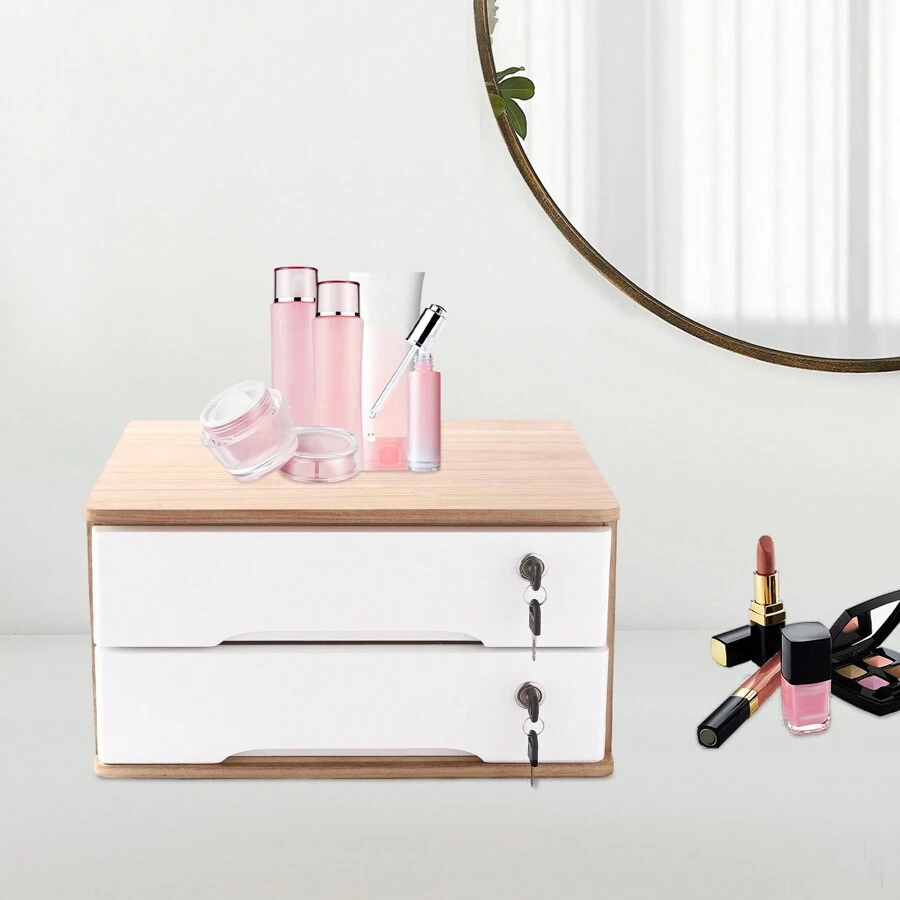 Desktop Storage Box With Lockable Drawers,Wooden Desktop Storage Box,Toiletries Supplies Vanity,Desk Organizer,Top Tray Shelf,Mini Tabletop Storage Container With Drawers For Home Office Bedroom - White - View 1