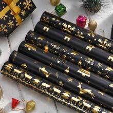 6 Stücke/12 Stücke Weihnachts Geschenkpapier aus Folie, Retro-Schwarz & Gold Hirsch, Schneeflocke, Weihnachtsbaum Muster, Geschenkverpackungspapier, Weihnachten